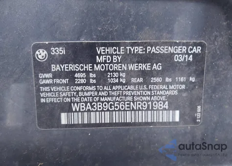 2014 BMW 335I xDrive из США, поврежденный, VIN WBA3B9G56ENR91984